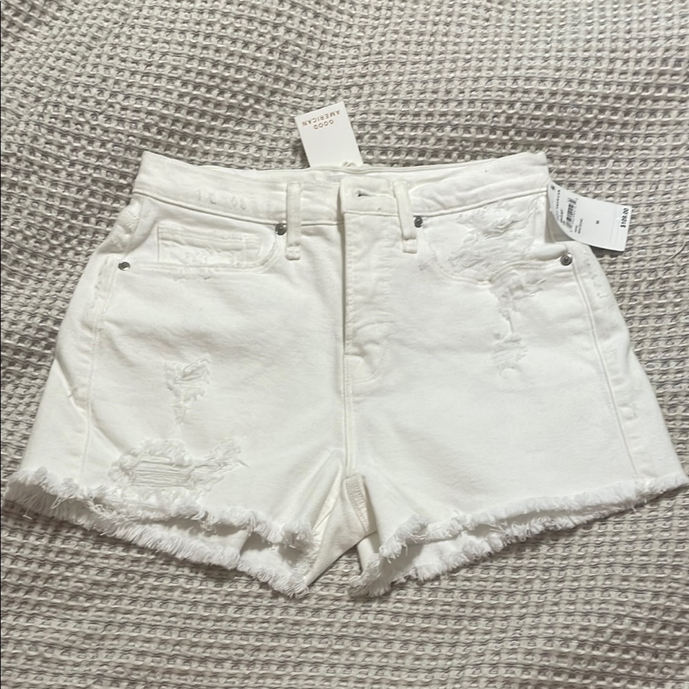 Good American Women's White Distressed Denim Shorts